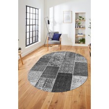 Evdeya Baskılı Kaymaz Taban Yıkanabilir Patchwork Desen Oval Yolluk Salon Halısı, O-Patchwork-01-Gri,