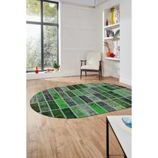 Evdeya Baskılı Kaymaz Taban Yıkanabilir Patchwork Desen Oval Yolluk Salon Halısı, O-Patchwork-09-Yeşil,