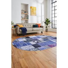 Evdeya Baskılı Kaymaz Taban Yıkanabilir Patchwork Desen Oval Yolluk Salon Halısı, O-Patchwork-03-Mavi,