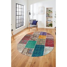 Evdeya Baskılı Kaymaz Taban Yıkanabilir Patchwork Desen Oval Yolluk Salon Halısı, O-Patchwork-01-Renkli,