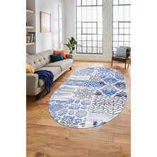Evdeya Baskılı Kaymaz Taban Yıkanabilir Patchwork Desen Oval Yolluk Salon Halısı, O-Patchwork-02-Mavi,