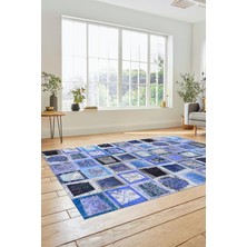 Evdeya Dijital Kaymaz Taban Yıkanabilir Patchwork Desen Yolluk Mutfak Salon Halısı, Patchwork-14-Mavi,