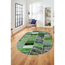 Evdeya Baskılı Kaymaz Taban Yıkanabilir Patchwork Desen Oval Yolluk Salon Halısı, O-Patchwork-10-Yeşil,