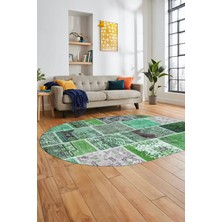 Evdeya Baskılı Kaymaz Taban Yıkanabilir Patchwork Desen Oval Yolluk Salon Halısı, O-Patchwork-04-Yeşil,