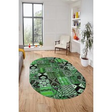 Evdeya Baskılı Kaymaz Taban Yıkanabilir Patchwork Desen Oval Yolluk Salon Halısı, O-Patchwork-06-Yeşil,