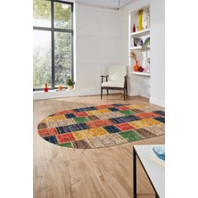 Evdeya Baskılı Kaymaz Taban Yıkanabilir Patchwork Desen Oval Yolluk Salon Halısı, O-Patchwork-07-Renkli,