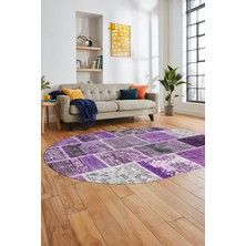 Evdeya Baskılı Kaymaz Taban Yıkanabilir Patchwork Desen Oval Yolluk Salon Halısı, O-Patchwork-04-Mor,