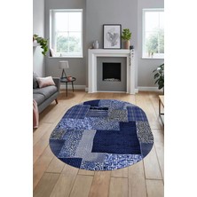 Evdeya Baskılı Kaymaz Taban Yıkanabilir Patchwork Desen Oval Yolluk Salon Halısı, O-Patchwork-15-Mavi,