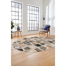 Evdeya Baskılı Kaymaz Taban Yıkanabilir Patchwork Desen Oval Yolluk Salon Halısı, O-Patchwork-14-Kahve,