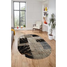 Evdeya Baskılı Kaymaz Taban Yıkanabilir Patchwork Desen Oval Yolluk Salon Halısı, O-Patchwork-05-Vizon,