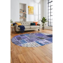 Evdeya Baskılı Kaymaz Taban Yıkanabilir Patchwork Desen Oval Yolluk Salon Halısı, O-Patchwork-04-Mavi,
