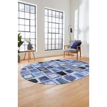 Evdeya Baskılı Kaymaz Taban Yıkanabilir Patchwork Desen Oval Yolluk Salon Halısı, O-Patchwork-14-Mavi,
