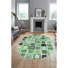 Evdeya Baskılı Kaymaz Taban Yıkanabilir Patchwork Desen Oval Yolluk Salon Halısı, O-Patchwork-14-Yeşil,