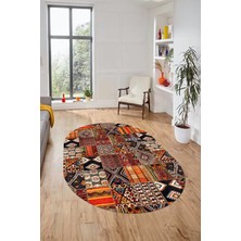 Evdeya Baskılı Kaymaz Taban Yıkanabilir Patchwork Desen Oval Yolluk Salon Halısı, O-Patchwork-06-Renkli,