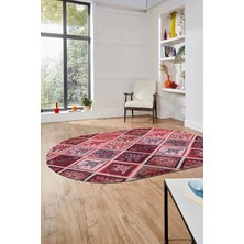 Evdeya Baskılı Kaymaz Taban Yıkanabilir Patchwork Desen Oval Yolluk Salon Halısı, O-Patchwork-08-Kırmızı,