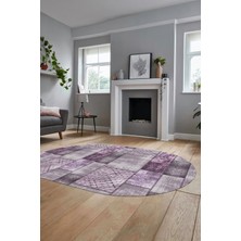 Evdeya Baskılı Kaymaz Taban Yıkanabilir Patchwork Desen Oval Yolluk Salon Halısı, O-Patchwork-18-Mor,
