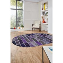 Evdeya Baskılı Kaymaz Taban Yıkanabilir Patchwork Desen Oval Yolluk Salon Halısı, O-Patchwork-09-Mor,