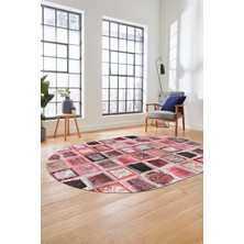 Evdeya Baskılı Kaymaz Taban Yıkanabilir Patchwork Desen Oval Yolluk Salon Halısı, O-Patchwork-14-Kırmızı,
