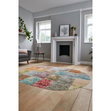 Evdeya Baskılı Kaymaz Taban Yıkanabilir Patchwork Desen Oval Yolluk Salon Halısı, O-Patchwork-17-Renkli,
