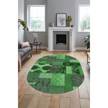 Evdeya Baskılı Kaymaz Taban Yıkanabilir Patchwork Desen Oval Yolluk Salon Halısı, O-Patchwork-16-Yeşil,