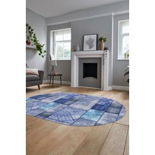 Evdeya Baskılı Kaymaz Taban Yıkanabilir Patchwork Desen Oval Yolluk Salon Halısı, O-Patchwork-18-Mavi,