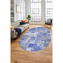 Evdeya Baskılı Kaymaz Taban Yıkanabilir Patchwork Desen Oval Yolluk Salon Halısı, O-Patchwork-20-Mavi,