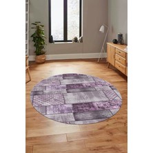 Evdeya Baskılı Kaymaz Yıkanabilir Patchwork Desen Yuvarlak Mutfak Salon Halısı, Y-Patchwork-18-Mor,