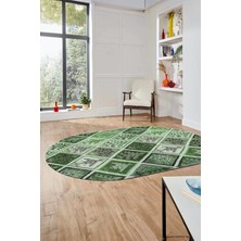 Evdeya Baskılı Kaymaz Taban Yıkanabilir Patchwork Desen Oval Yolluk Salon Halısı, O-Patchwork-08-Yeşil,