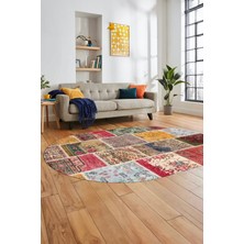 Evdeya Baskılı Kaymaz Taban Yıkanabilir Patchwork Desen Oval Yolluk Salon Halısı, O-Patchwork-04-Renkli,