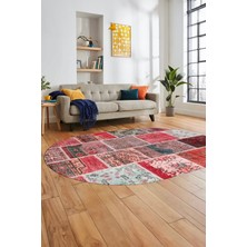 Evdeya Baskılı Kaymaz Taban Yıkanabilir Patchwork Desen Oval Yolluk Salon Halısı, O-Patchwork-04-Kırmızı,