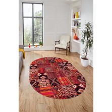Evdeya Baskılı Kaymaz Taban Yıkanabilir Patchwork Desen Oval Yolluk Salon Halısı, O-Patchwork-06-Kırmızı,
