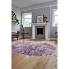Evdeya Baskılı Kaymaz Taban Yıkanabilir Patchwork Desen Oval Yolluk Salon Halısı, O-Patchwork-17-Pembe,