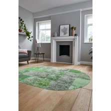 Evdeya Baskılı Kaymaz Taban Yıkanabilir Patchwork Desen Oval Yolluk Salon Halısı, O-Patchwork-17-Yeşil,