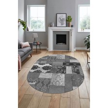 Evdeya Baskılı Kaymaz Taban Yıkanabilir Patchwork Desen Oval Yolluk Salon Halısı, O-Patchwork-16-Gri,