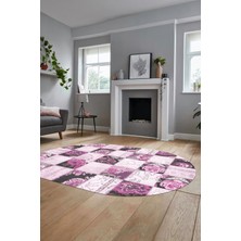 Evdeya Baskılı Kaymaz Taban Yıkanabilir Patchwork Desen Oval Yolluk Salon Halısı, O-Patchwork-19-Pembe,