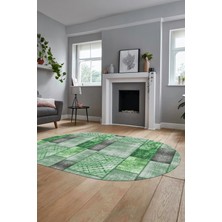 Evdeya Baskılı Kaymaz Taban Yıkanabilir Patchwork Desen Oval Yolluk Salon Halısı, O-Patchwork-18-Yeşil,