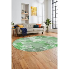 Evdeya Baskılı Kaymaz Taban Yıkanabilir Patchwork Desen Oval Yolluk Salon Halısı, O-Patchwork-20-Yeşil,