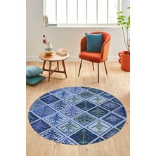 Evdeya Baskılı Kaymaz Yıkanabilir Patchwork Desen Yuvarlak Mutfak Salon Halısı, Y-Patchwork-08-Mavi,