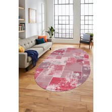 Evdeya Baskılı Kaymaz Taban Yıkanabilir Patchwork Desen Oval Yolluk Salon Halısı, O-Patchwork-20-Kırmızı,