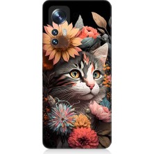 Teknomeg Xiaomi Mi 12 Uyumlu Çiçekler ve Kül Gri Kedi Desenli Silikon Kılıf