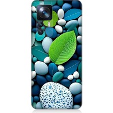 Teknomeg Xiaomi Mi 12T Pro Uyumlu Mavi Turkuaz Taşlar ve Yeşil Yaprak Desenli Silikon Kılıf