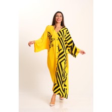 Keyifli Moda Kadın Sarı Desenli Garnili V Yaka Yarasa Kol Cepli Oversize Uzun Gömlek Elbise