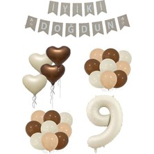 Best Parti 9 Yaş Bej Rakam Kalp Folyo Balon ve Iyiki Doğdun Yazılı Doğum Günü Seti