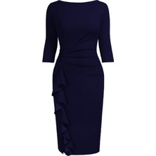 1fazlası Kadın Büyük Beden Lacivert bodycon Fırfırlı Yırtmaçlı Büyük Beden Abiye Elbise
