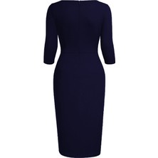 1fazlası Kadın Büyük Beden Lacivert bodycon Fırfırlı Yırtmaçlı Büyük Beden Abiye Elbise