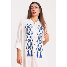 Keyifli Moda Kadın Beyaz Önü Nazar Boncuğu Nakışlı Püsküllü Kolu Apoletli Eteği Fırfırlı Uzun Gömlek Elbise