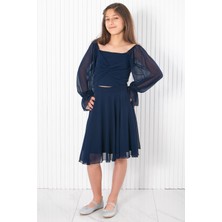 Modaviki Balon Kol Şifon Abiye Elbise Lacivert MDV934