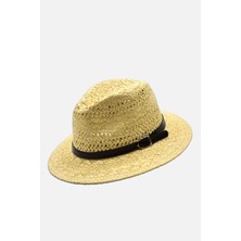 Külah Örgü Dokulu Deri Şeritli Bej Hasır Şapka