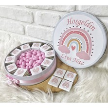 Bunnyball Chocolate 100 ADET+200 gr Draje Pembe Gökkuşağı Temalı Isme Özel Hoşgeldin Kız Bebek Hediyelik Çikolata