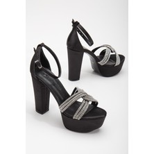 Dilimler Ayakkabı Saten Örgü Taşlı 40MM Siyah Kadın Platform Topuklu Abiye Ayakkabı